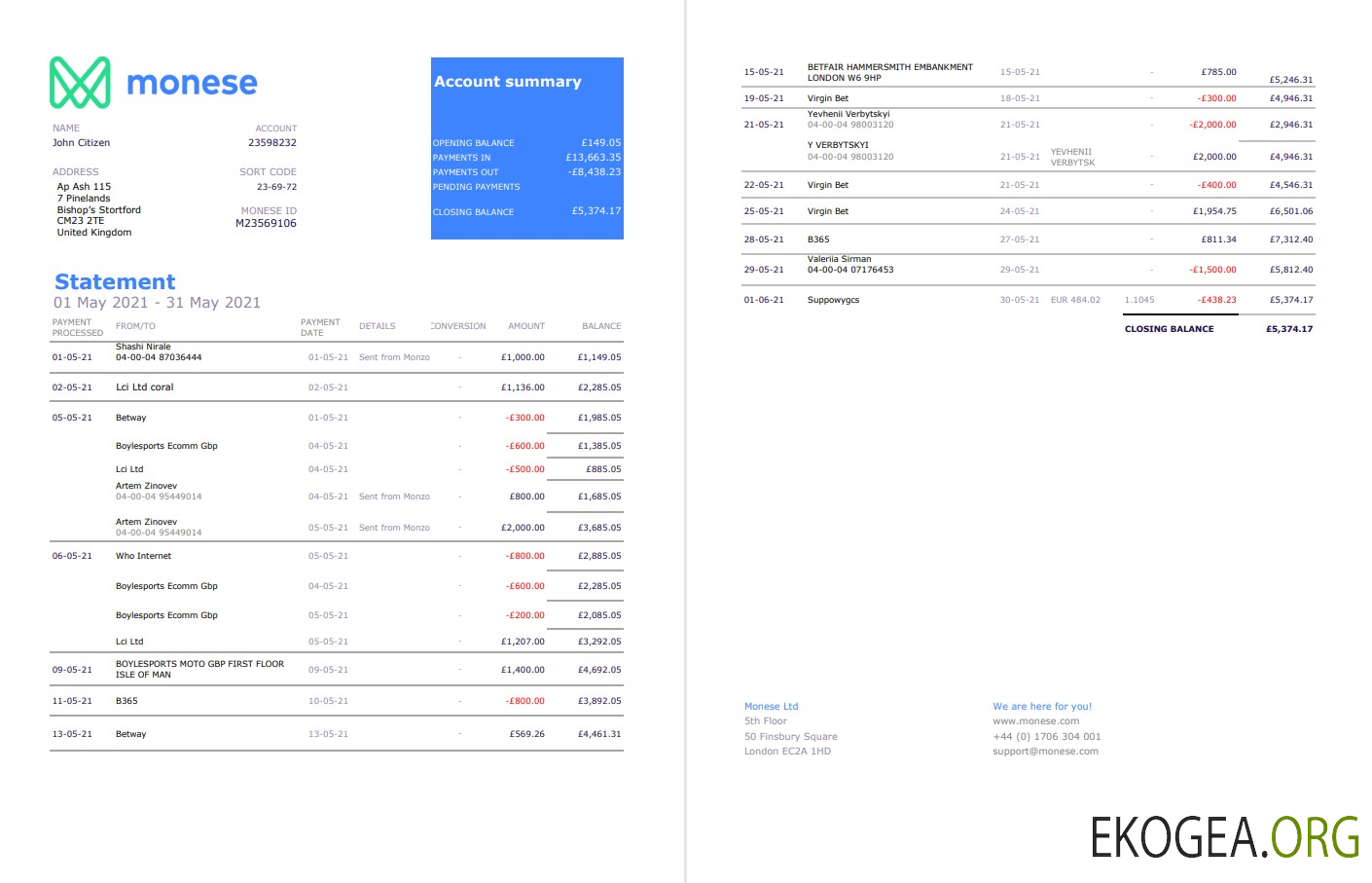 Modèle de relevé bancaire Monese du Royaume Uni au format Excel et PDF, 2 pages2